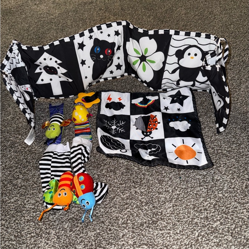 Black and White Sensory Baby Play Gym Panels with Colorful Caterpillar Toys